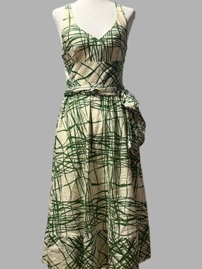 Zara Cream Midi Dress with Green Abstract Scribble Design